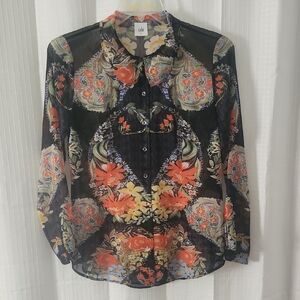 Cabi Size Small Shear Floral Top.Blue With a Bright Floral Pattern.